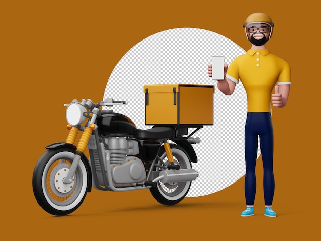 Happy delivery man with phone and motorcycle delivery man thumbs up 3d rendering