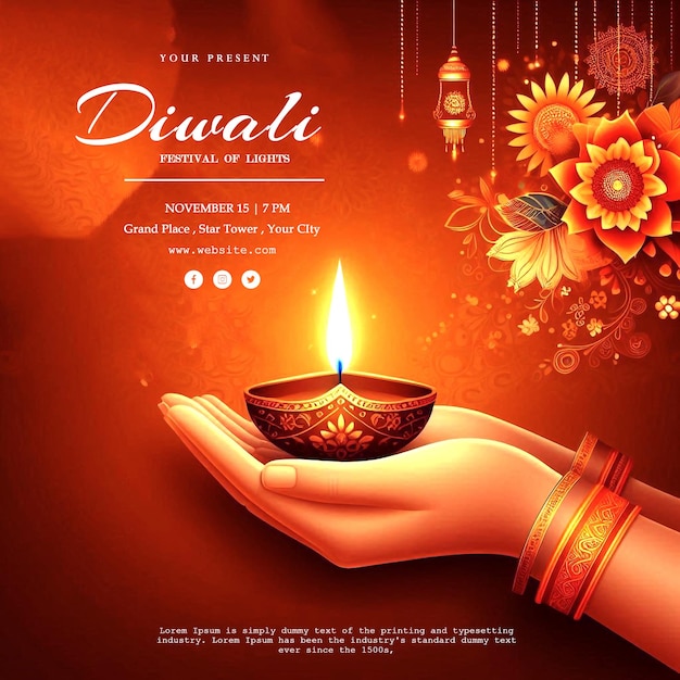 Happy diwali celebration poster with diya holding with hands