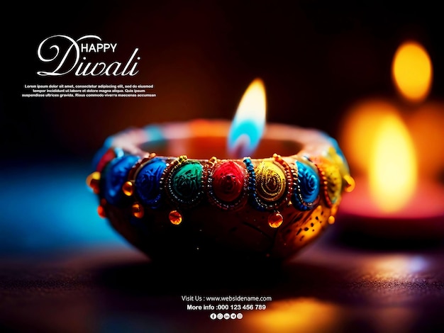 PSD happy diwali festival of lights indian with diwali diya or oil lamp colorful background