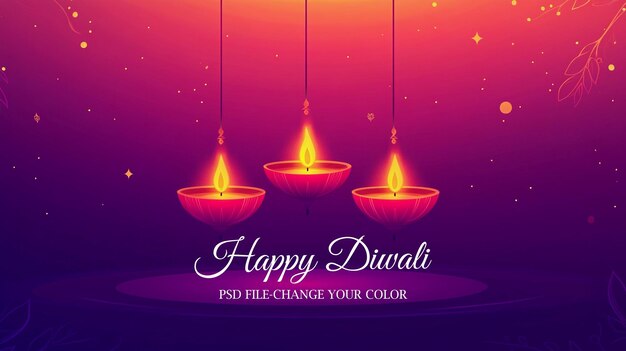 PSD happy diwali festival of lights lamps in purple background diwali