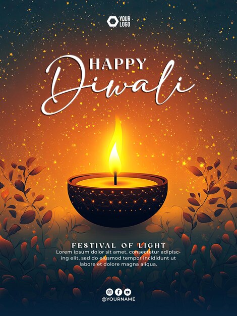 PSD happy diwali festival of lights poster with oil lamp background