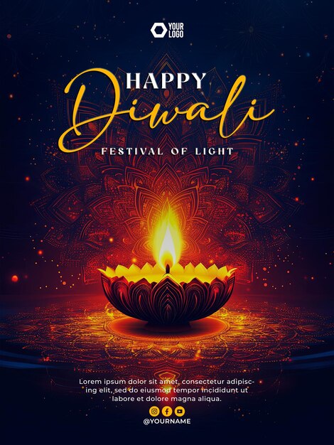 PSD happy diwali festival of lights poster with oil lamp background