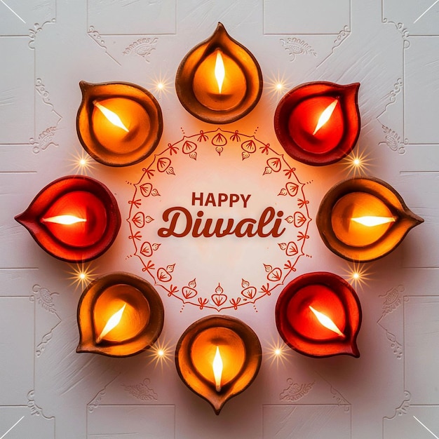 PSD happy diwali festival with colorful clay diya lamps with flowers on colorful background