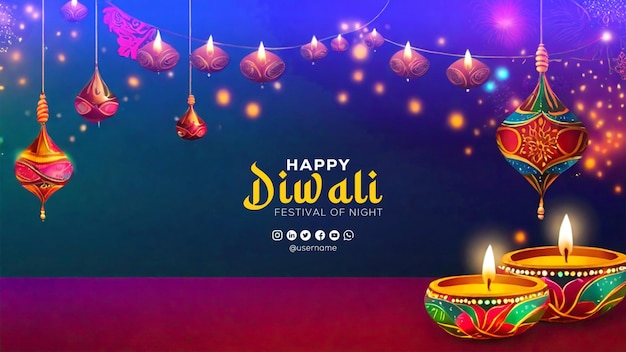 PSD happy diwali holiday celebration banner background with burning diya