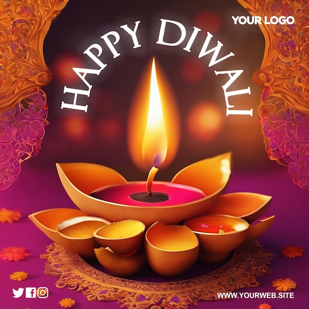 PSD happy diwali post for social media with beautiful color combinations psd