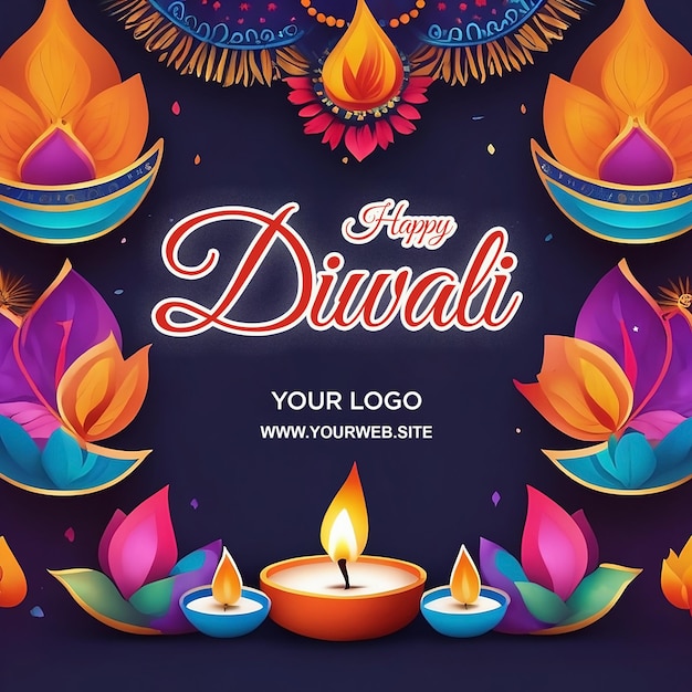 PSD happy diwali post for social media with beautiful color combinations psd