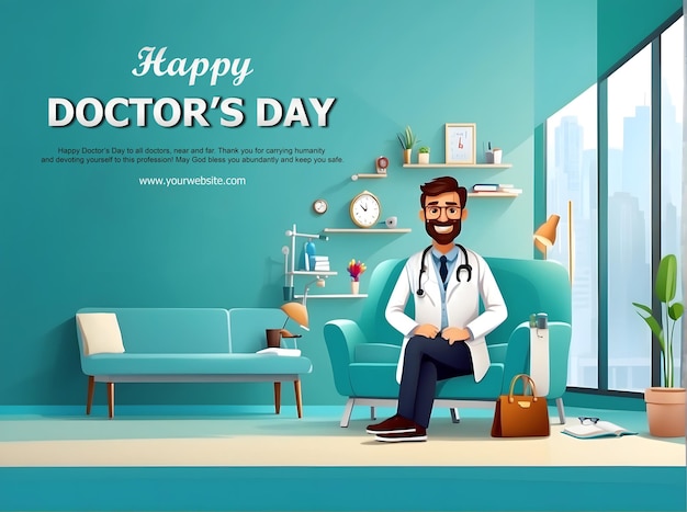 Happy Doctors day perfect 2d illustration of doctors with hospital background