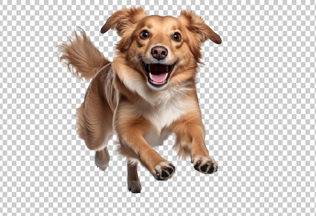 Happy dog running and looking at the camera on a transparent background