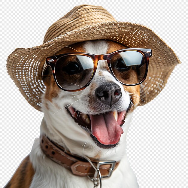 PSD happy dog wearing summer glasses and hat on isolated transparent background