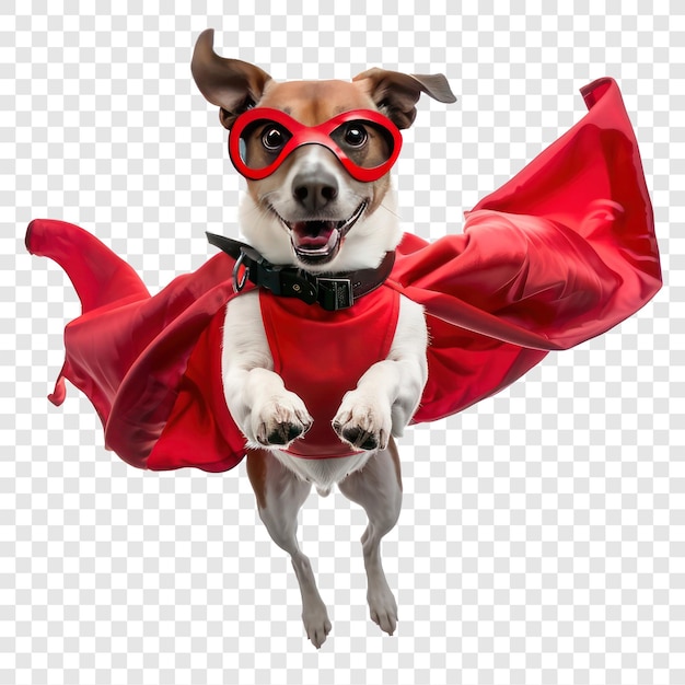 PSD happy dog wearing superhero red cape and mask flying isolate on transparency background