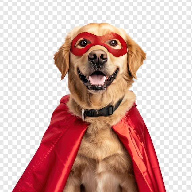 PSD happy dog wearing superhero red cape and mask front view isolate on transparency background