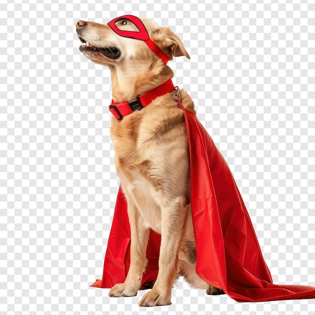 PSD happy dog wearing superhero red cape and mask side view isolate on transparency background