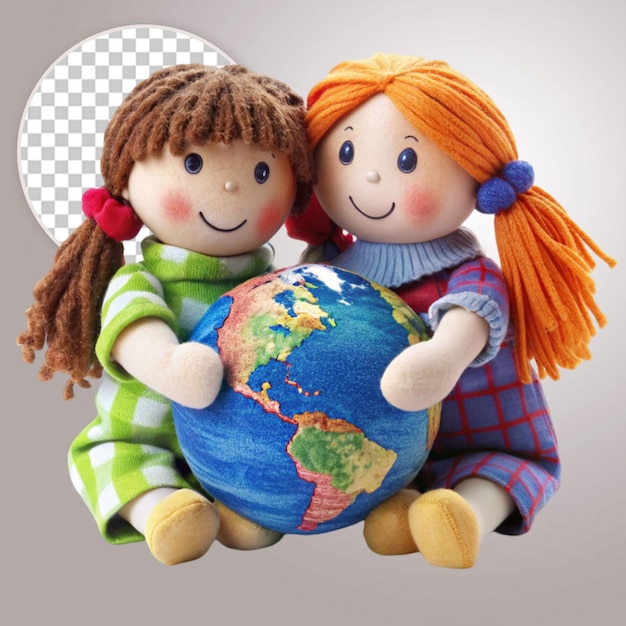 Happy dolls hugging big world on transparent background