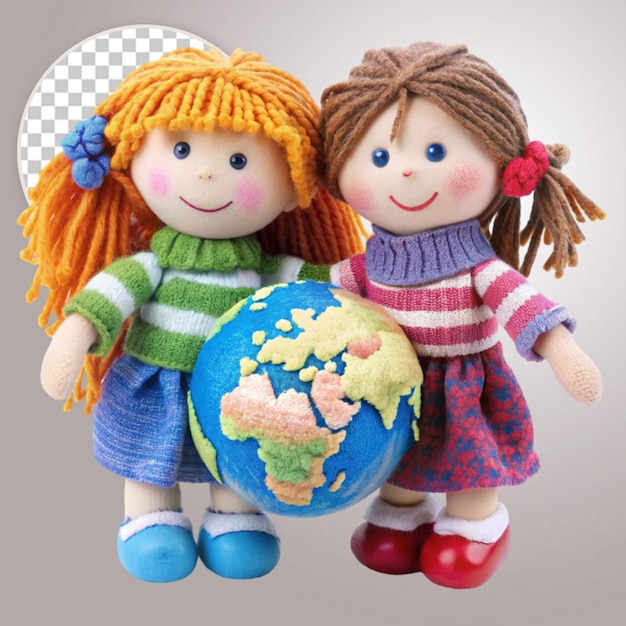 Happy dolls hugging big world on transparent background