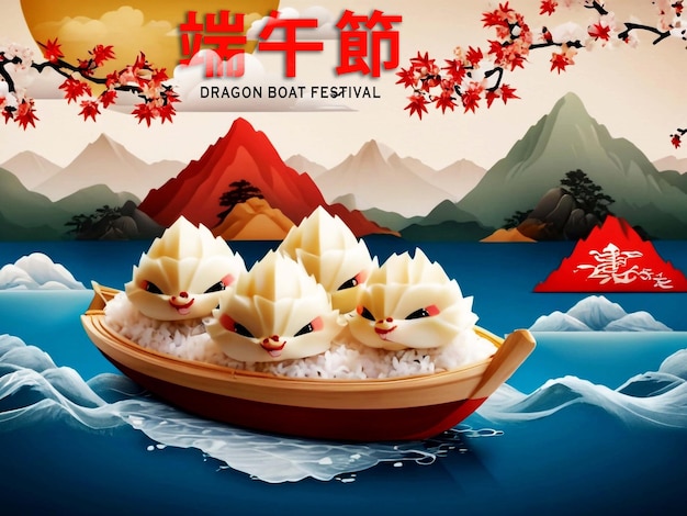 PSD happy dragon boat festival background template traditional food rice dumpling and nature landscape m