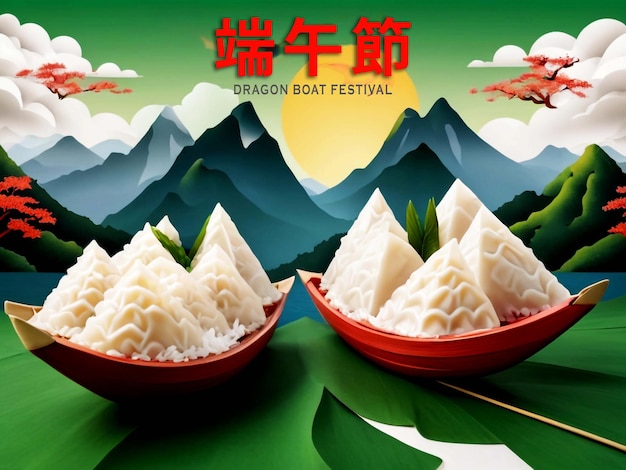 PSD happy dragon boat festival background template traditional food rice dumpling and nature landscape m