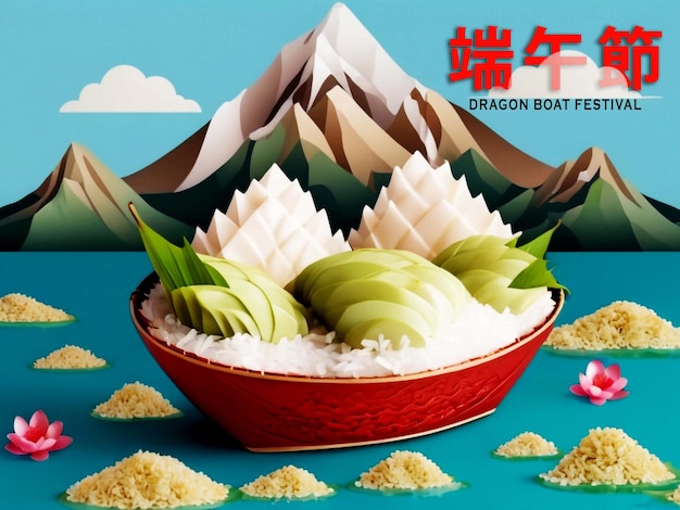 PSD happy dragon boat festival background template traditional food rice dumpling and nature landscape m