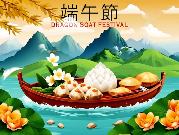 PSD happy dragon boat festival background template traditional food rice dumpling and nature landscape m