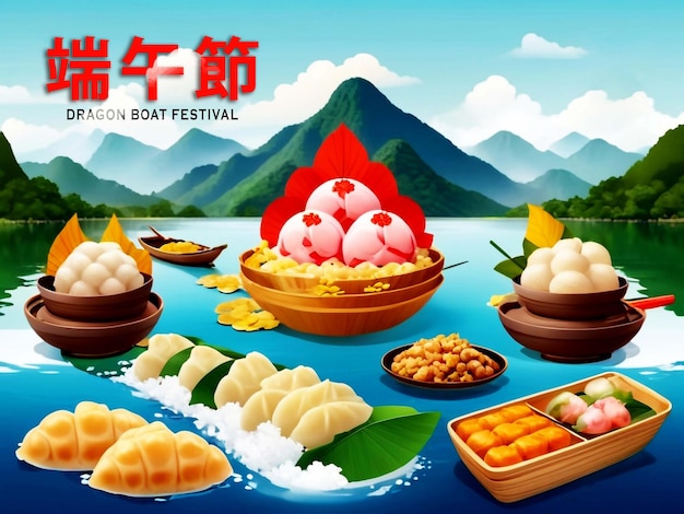 Happy Dragon Boat Festival background template traditional food rice dumpling and nature landscape m