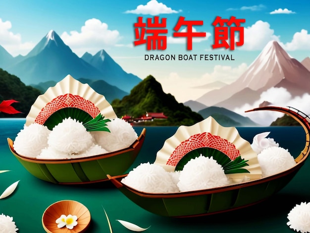 PSD happy dragon boat festival background template traditional food rice dumpling and nature landscape m