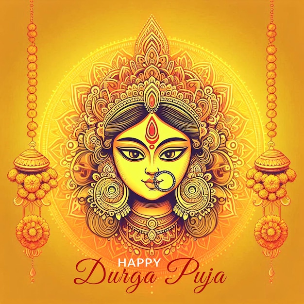 PSD happy durga puja typographic design with durga face