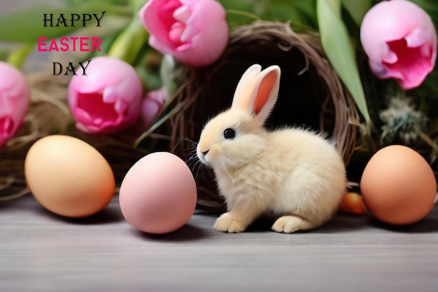 happy easter congratulatory easter background cute bunny podium and eggs