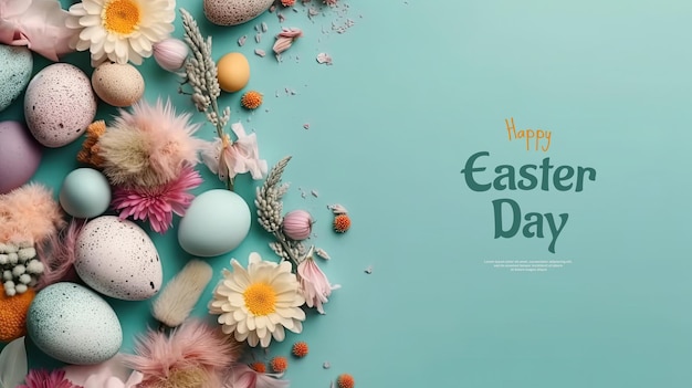 Happy easter day background with nest ornaments eggs and flowers