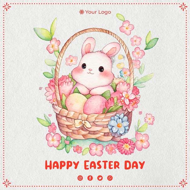 A happy easter day card with a bunny in a basket