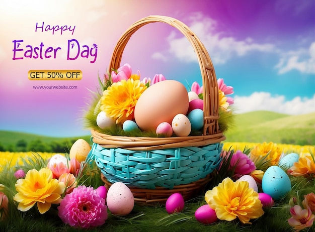 Happy Easter day colorful egg and flower and Rabbit on basket with colorful sky background