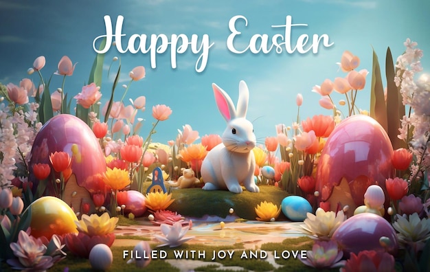 Happy Easter Day Design with Colorful Painted Realistic Eggs and Cute Bunny