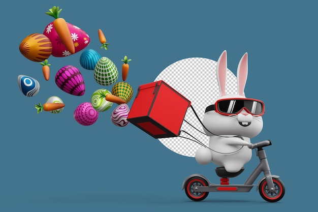 Happy easter day rabbit delivery cute bunny with colorful egg 3d rendering