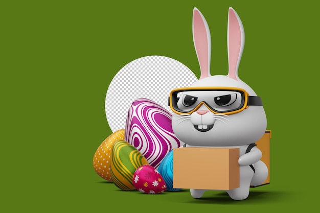 Happy easter day rabbit delivery cute bunny with colorful egg 3d rendering