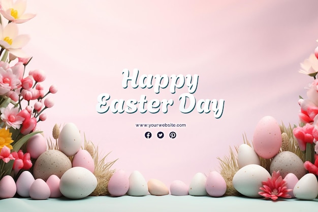 Happy easter day with eggs and cute bunny for social media banner and post template