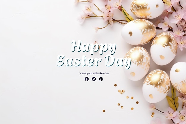 Happy easter day with eggs and cute bunny for social media banner and post template