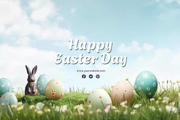 Happy easter day with eggs and cute bunny for social media banner and post template