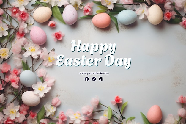 Happy easter day with eggs and cute bunny for social media banner and post template