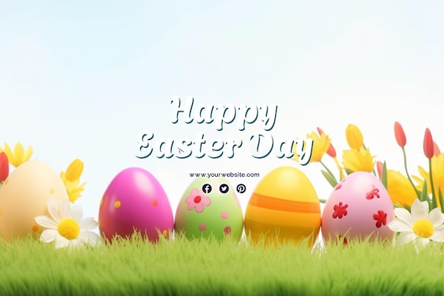 Happy easter day with eggs and cute bunny for social media banner and post template