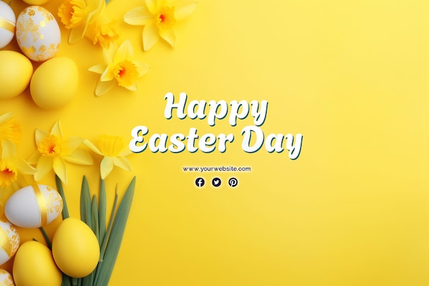 Happy easter day with eggs and cute bunny for social media banner and post template