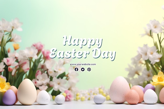 Happy easter day with eggs and cute bunny for social media banner and post template