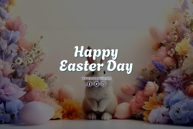 Happy easter day with eggs and cute bunny for social media banner and post template