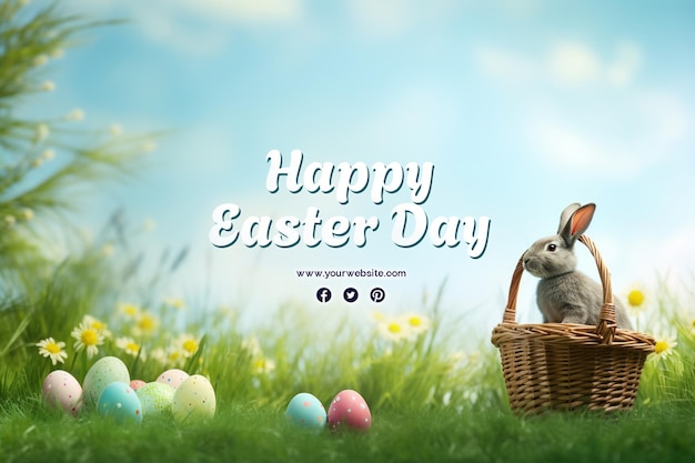 Happy easter day with eggs and cute bunny for social media banner and post template