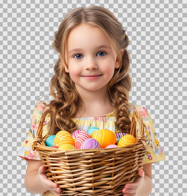 PSD happy easter portrait of a pretty kid with a basket of eastern eggs standing on isolated transparent background