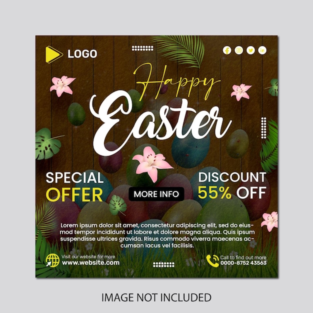 Happy easter social media post template sale banner design with eggs bunny plants