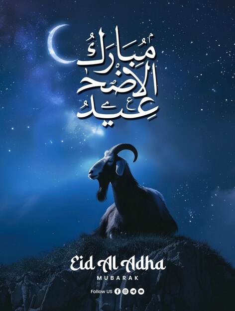 PSD happy eid al adha poster template with a background of a goat silhouette on a hill at night against