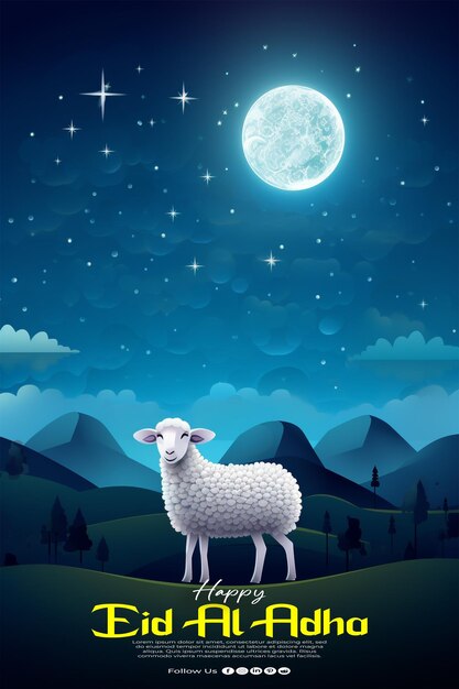 PSD happy eid al adha poster template with a background of a goat silhouette on a hill at night against