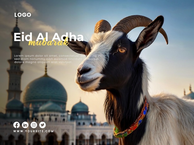 PSD happy eid al adha poster template with a eid al adha background of a goat