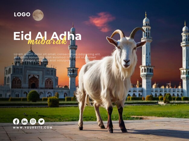 Happy eid al adha poster template with a eid al adha background of a goat