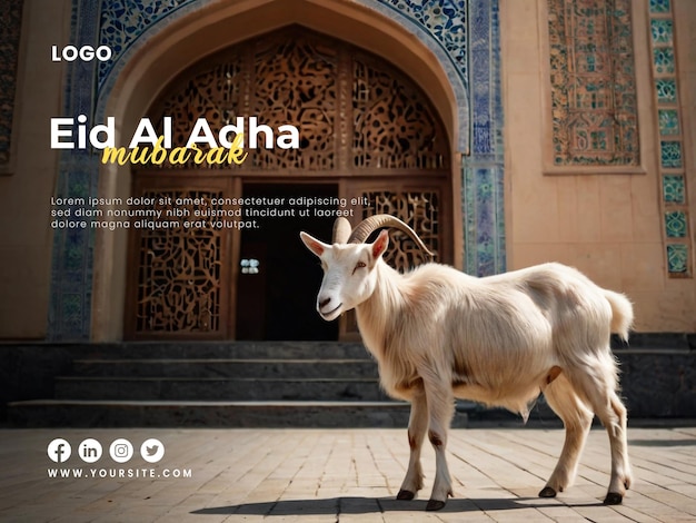 PSD happy eid al adha poster template with a eid al adha background of a goat