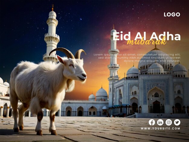 Happy eid al adha poster template with a eid al adha background of a goat