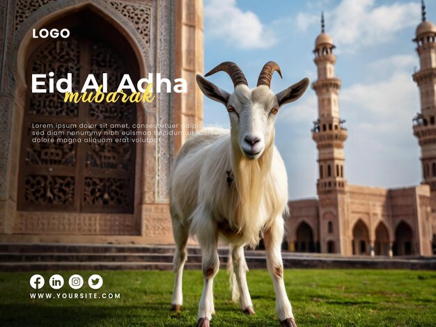 PSD happy eid al adha poster template with a eid al adha background of a goat